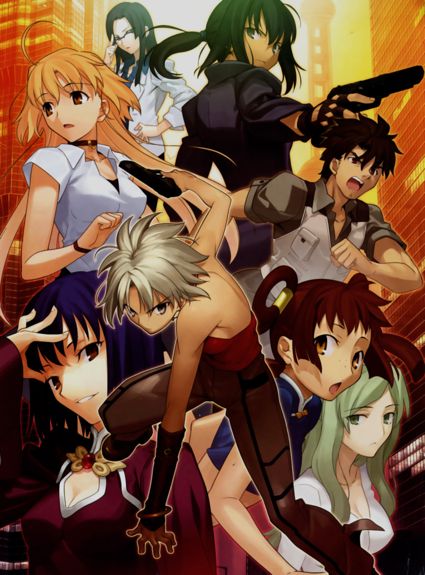 428 6+girls absurdres alphard androgynous bare_shoulders canaan canaan_(character) fingerless_gloves gloves gun hakkoo highres jacket jewelry liang_qi long_hair minorikawa_minoru multiple_girls natsume_(canaan) official_art oosawa_maria ponytail pose reverse_trap scan short_hair sleeveless takeuchi_takashi turtleneck weapon yunyun