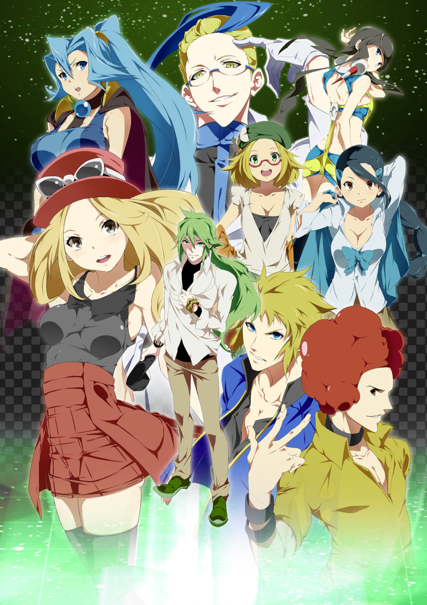 afro akuroma_(pokemon) bare_shoulders bel_(pokemon) black_hair blonde_hair blue_eyes blue_hair breasts brown_hair cleavage collarbone denji_(pokemon) glasses gloves green_eyes green_hair hair_ornament hairclip headphones highres ibuki_(pokemon) kamitsure_(pokemon) n_(pokemon) ooba_(pokemon) pokemon pokemon_(game) pokemon_bw2 pokemon_xy ponytail redhead serena_(pokemon) skirt suzuna_(pokemon) thigh-highs toru_k yellow_eyes