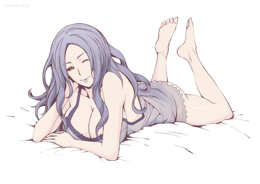 arm_support barefoot belinda black_sclera breasts cleavage collarbone feet large_breasts lipstick long_hair lying makeup on_stomach purple_hair purple_lipstick simple_background soles solo toes unlight vasily_(run211) white_background wink yellow_eyes