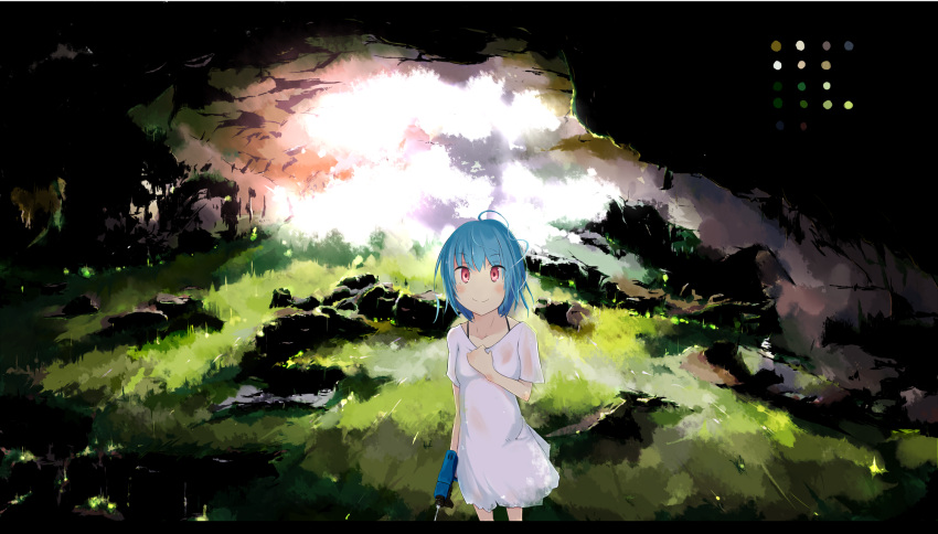 ahoge blue_hair blush_stickers cave color_guide dress hand_on_own_chest highres letterboxed moss original power_drill red_eyes rock scenery short_hair short_sleeves smile solo standing tetsuro tetsurou_(fe+) white_dress