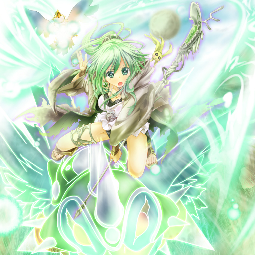 daigusto_gulldos duel_monster green_eyes green_hair highres jewelry morito necklace open_mouth ponytail solo staff wynn wynnda,_miko_of_the_gusta wynnda_miko_of_the_gusta yu-gi-oh! yuu-gi-ou