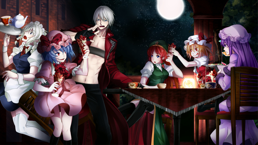 5girls bad_id black_legwear blonde_hair blue_eyes blue_hair book bow braid chair chest collarbone crossover cup dante detached_collar devil_may_cry flandre_scarlet hat hat_bow highres hong_meiling izayoi_sakuya kettle long_hair long_sleeves maid maid_headdress moon multiple_girls navel open_mouth parfait patchouli_knowledge puffy_sleeves purple_eyes purple_hair red_eyes red_hair redhead remilia_scarlet short_hair short_sleeves side_ponytail silver_hair sitting sky star sweatdrop table thigh-highs thighhighs tongue torio_k touhou tray twin_braids violet_eyes white_hair white_legwear wrist_cuffs