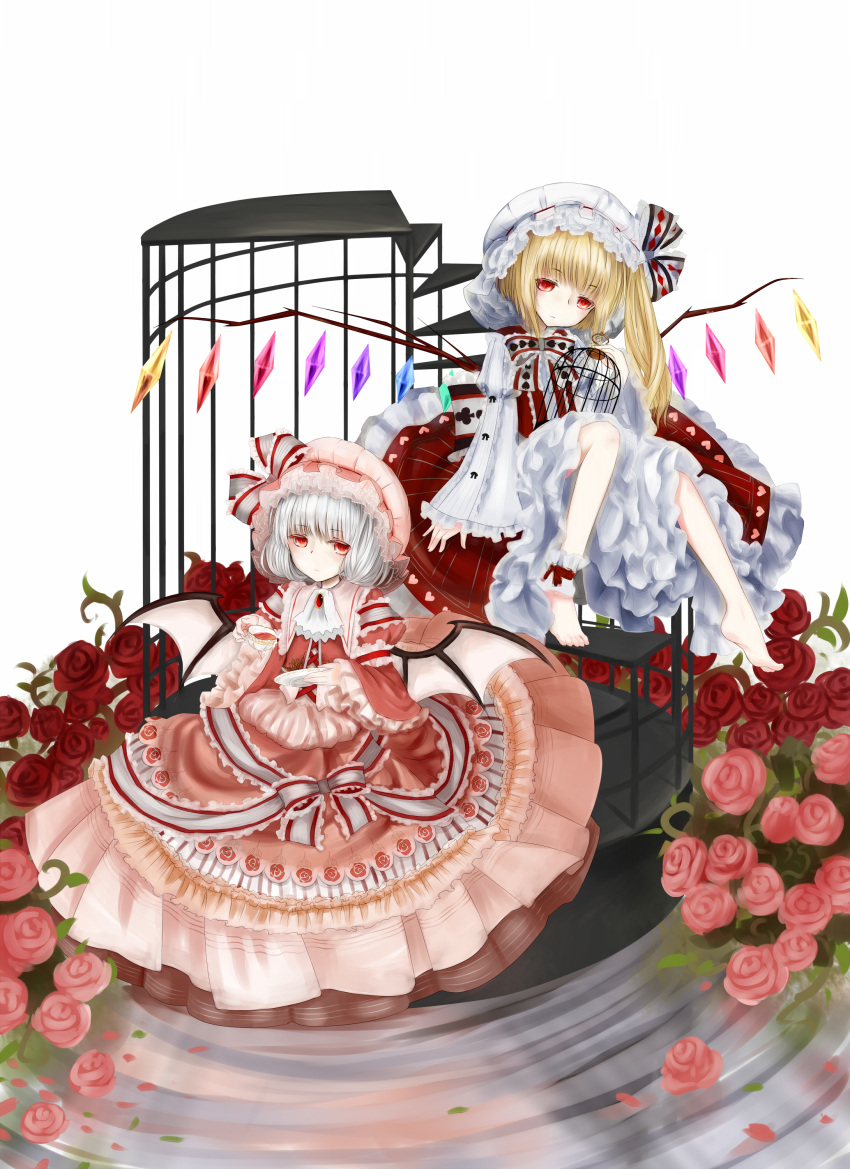 absurdres alternate_costume ankle_cuffs ascot barefoot bat_wings birdcage blonde_hair blue_hair cage clubs crystal diamond_(shape) dress flandre_scarlet flower frills hat hat_ribbon heart highres long_sleeves moon_(moon-beast) multiple_girls puffy_sleeves red_dress red_eyes remilia_scarlet ribbon rose short_hair side_ponytail spade touhou white_dress wide_sleeves wings