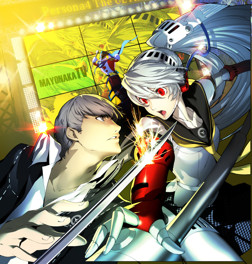 1girl :o absurdres android arc_system_works battle cover grey_eyes grey_hair hat headphones highres katana kuma_(persona_4) labrys narukami_yuu official_art peaked_cap persona persona_4 persona_4:_the_ultimate_in_mayonaka_arena popped_collar recursion red_eyes scan school_uniform serafuku soejima_shigenori sparks sword television weapon white_hair yellow_eyes zoom_layer