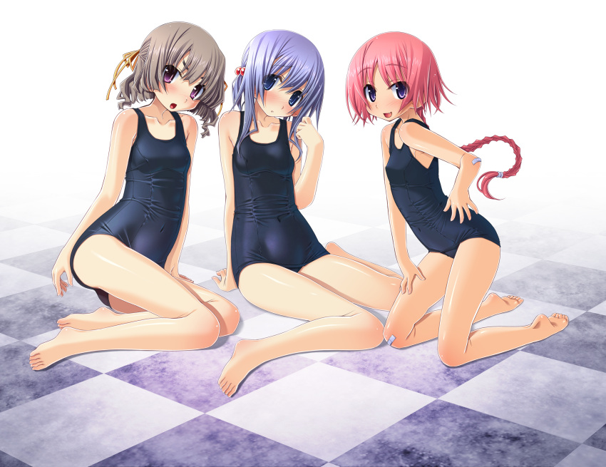 barefoot blue_hair blush braid breasts brown_hair checkered checkered_floor feet hair_ornament highres long_hair multiple_girls one-piece_swimsuit open_mouth pink_hair sakuya_tsuitachi school_swimsuit shiny shiny_clothes short_hair smile sukumizu_tabehoudai swimsuit wet