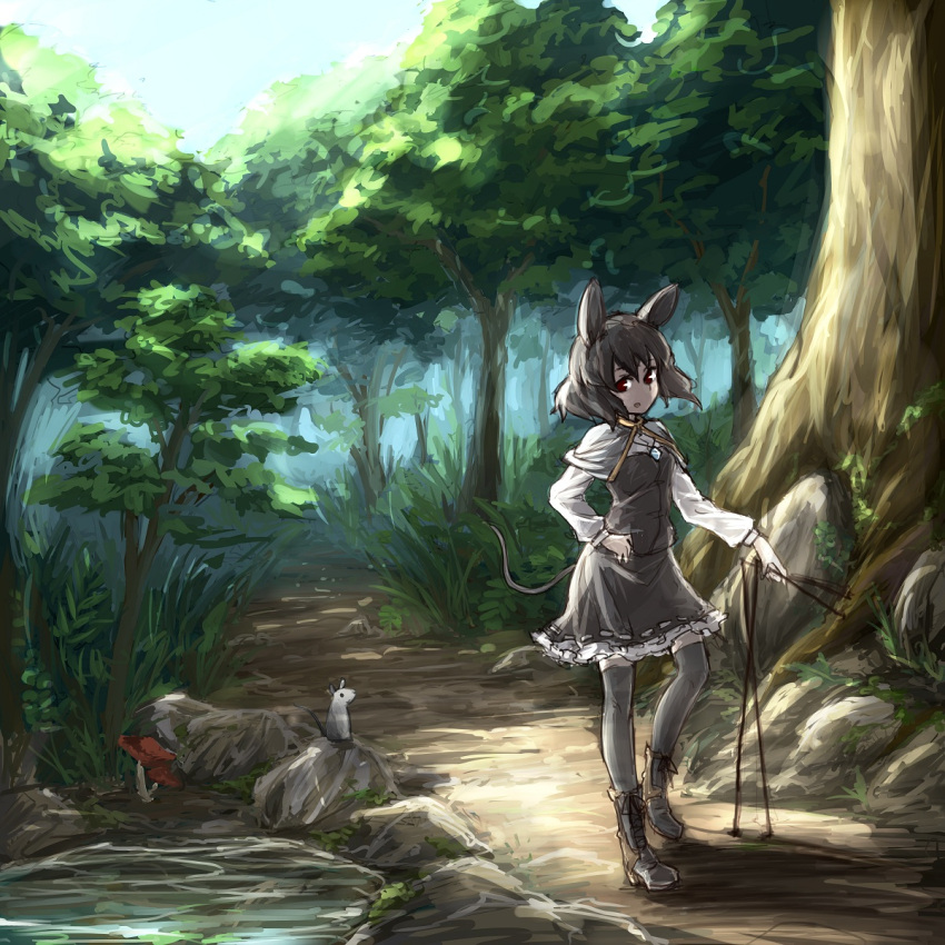 animal animal_ears capelet dowsing_rod grey_hair highres hima_(mizu_ni_tsuyoi) long_sleeves mouse mouse_ears mouse_tail nazrin open_mouth red_eyes short_hair solo tail touhou tree
