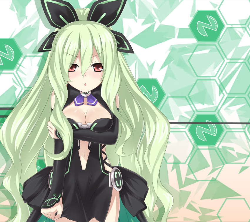 :o annoyed bare_shoulders blush bow breast_hold breasts choujigen_game_neptune choujigen_game_neptune_mk2 cleavage cleavage_cutout detached_sleeves green_hair hair_bow hair_ornament hakozaki_chika heart highres long_hair looking_at_viewer navel open_mouth red_eyes sigemi solo very_long_hair