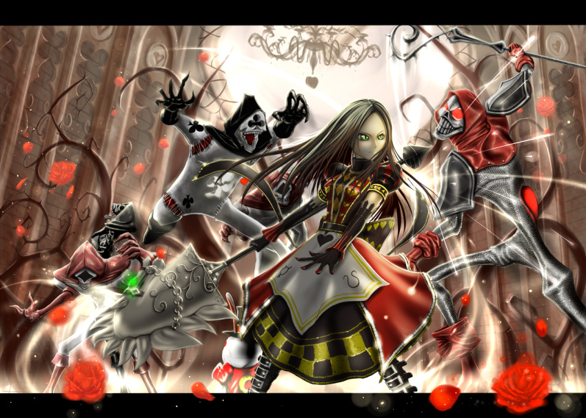 alice:_madness_returns alice_(wonderland) alice_in_wonderland american_mcgee's_alice boots brown_hair chandelier flower glowing glowing_eyes green_eyes grin letterboxed light_particles long_hair petals rose smile weapon wotashie_(nyannpee)
