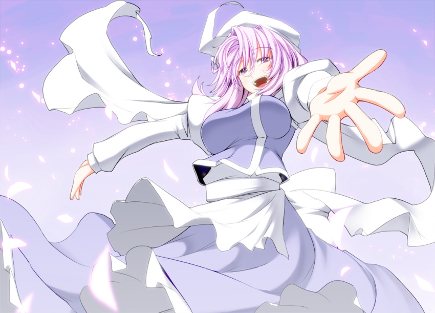 breasts hat iwanori large_breasts lavender_hair letty_whiterock open_mouth outstretched_arms purple_eyes scarf short_hair simple_background smile solo spread_arms touhou violet_eyes