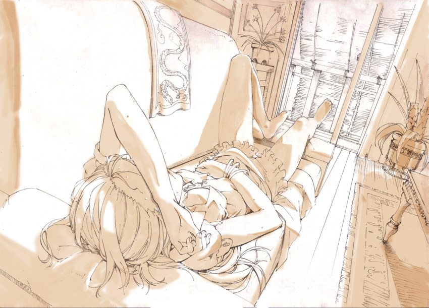 bare_legs barefoot bracelet breasts cleavage couch covering_eyes dragon eastern_dragon feet hong_meiling indoors jewelry lying messy_hair monochrome mtmy no_hat no_headwear on_back plant potted_plant sleeping solo sunlight table touhou window