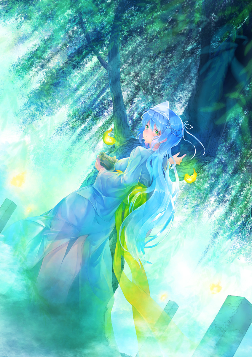 blue_hair blush breasts ghost green_eyes highres hira_(pixiv) holding japanese_clothes kimono long_hair original see-through solo tears tree triangular_headpiece wavy_mouth wisp