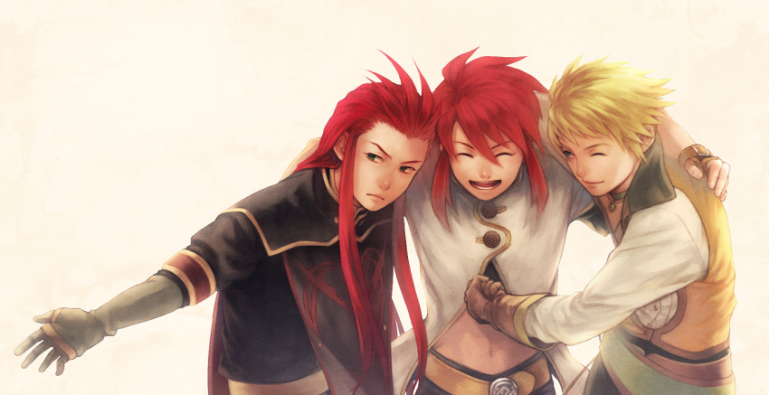 asch blonde_hair blue_eyes green_eyes guy_cecil hair_slicked_back hug long_hair luke_fon_fabre male multiple_boys neopara red_hair redhead tales_of_(series) tales_of_the_abyss white_background wink
