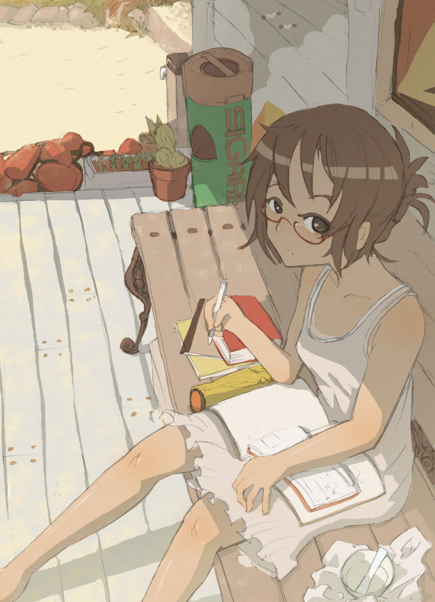 bench book brown_eyes brown_hair dress glasses graphite_(medium) highres mixed_media original pencil red-framed_glasses sitting solo sonjow4 sundress traditional_media