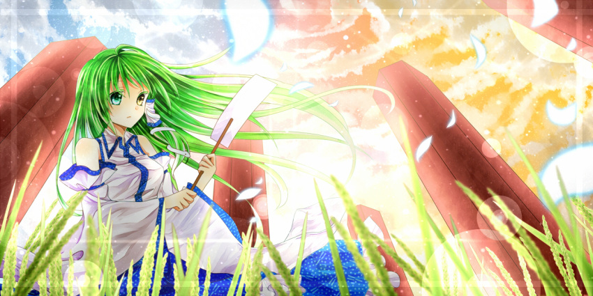 bad_id blue_eyes cloud clouds detached_sleeves gohei green_hair hair_tubes heterochromia kochiya_sanae long_hair onbashira petals sakuragi_(ysrg) snake_hair_ornament solo touhou wide_sleeves yellow_eyes