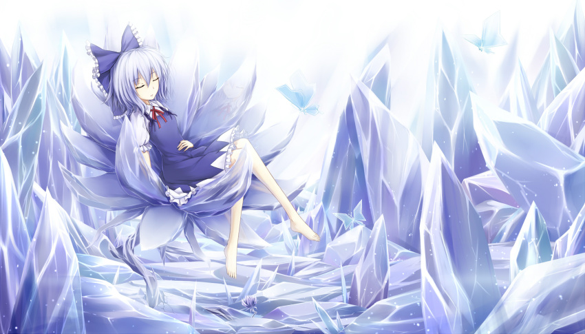 barefoot blue_hair blush bow butterfly cirno closed_eyes dress eyes_closed flower hair_bow highres ice ice_flower ice_wings insect puffy_sleeves short_hair short_sleeves sitting sleeping smile solo touhou wings zzz36951
