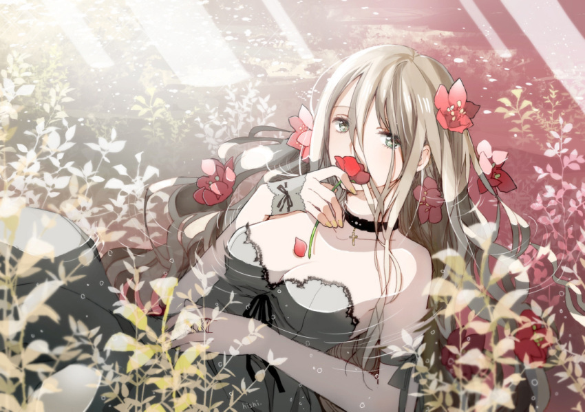 1girl bare_shoulders breasts brown_hair bubble cleavage collarbone dress flower green_eyes hair_between_eyes hair_flower hair_ornament k-xaby looking_at_viewer original partially_submerged petals plant smelling solo sunbeam sunlight water wet