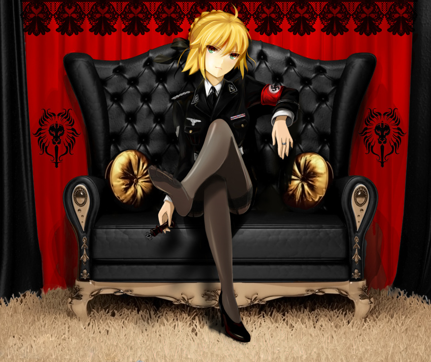 absurdres ahoge armband black_legwear blonde_hair couch crossed_legs fate/zero fate_(series) feet green_eyes hair_ribbon highres jewelry kissbaby looking_at_viewer military military_uniform nazi no_shoes pantyhose ribbon ring saber single_shoe sitting solo swastika toes uniform