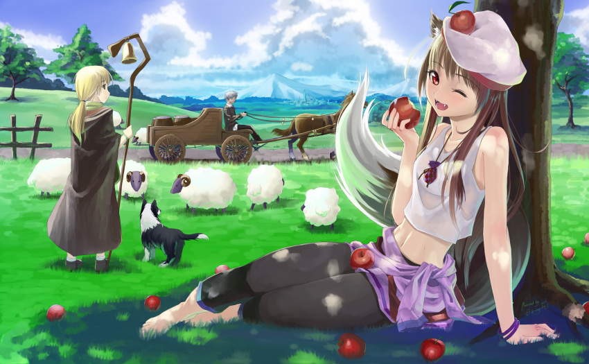 2girls animal animal_ears apple barefoot belly beret blonde_hair bracelet brown_hair craft_lawrence dog enekk fang fangs feet food fruit grass hat highres holo horse jewelry landscape long_hair midriff multiple_girls navel nora_arento okingjo open_mouth pouch red_eyes sheep sitting spice_and_wolf tail tree wink wolf_ears wolf_tail