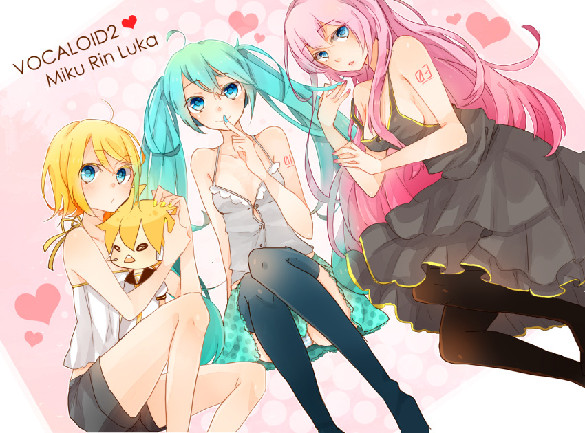 3girls aqua_eyes aqua_hair blonde_hair character_name chibi dress finger_to_mouth hatsune_miku highres kagamine_rin kawara long_hair megurine_luka multiple_girls nail_polish panties pantyhose pantyshot pantyshot_(sitting) pink_hair shorts sitting skirt thigh-highs thighhighs twintails underwear very_long_hair vocaloid