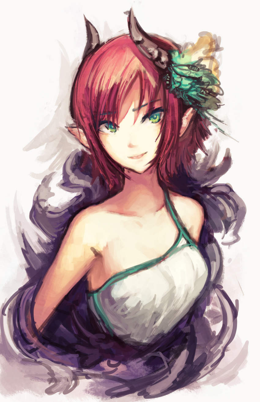 bare_shoulders bust doomfest flower green_eyes hair_flower hair_ornament highres horns light_smile lips looking_at_viewer original pointy_ears red_hair redhead short_hair sketch solo