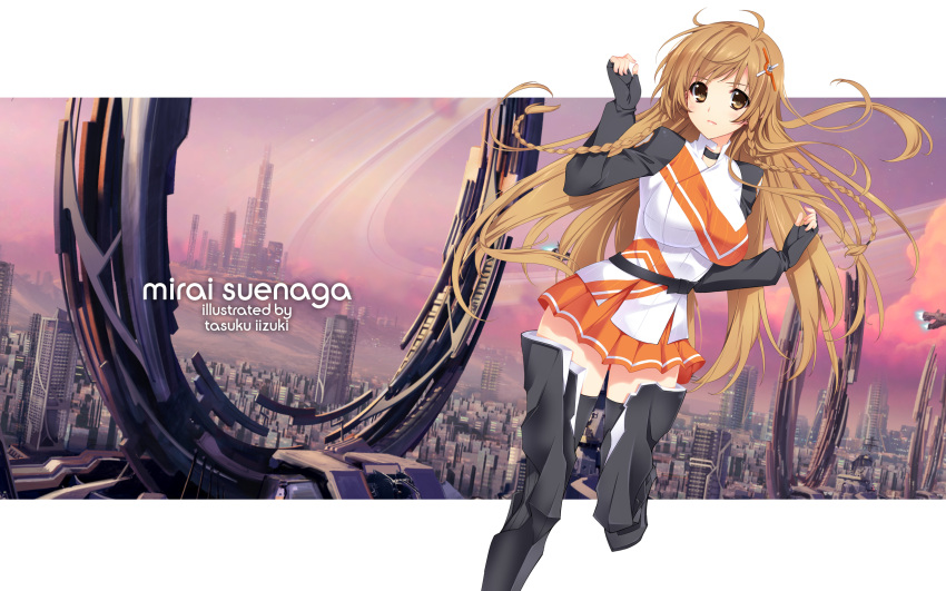 ahoge boots braid braids breasts brown_eyes brown_hair danny_choo hairclip iizuki_tasuku mirai suenaga_mirai thigh-highs thighhighs twin_braids zettai_ryouiki