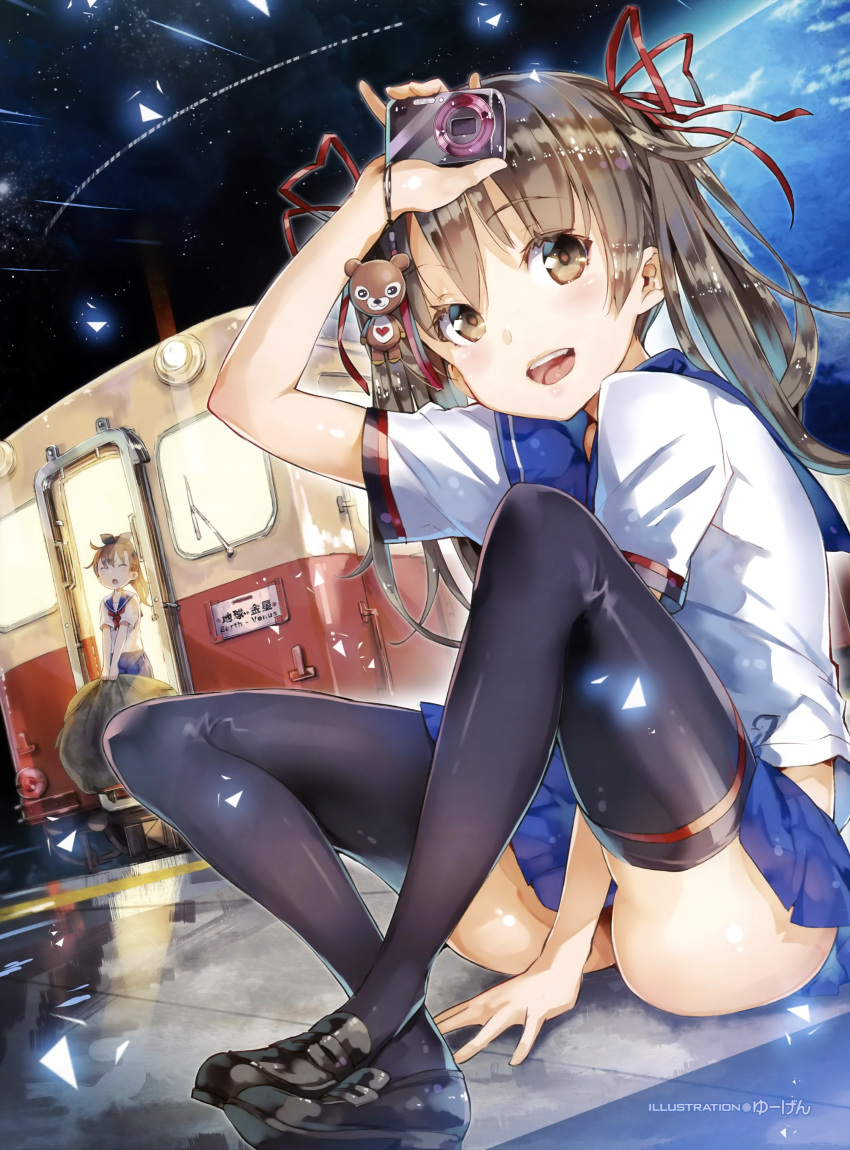 :d absurdres arm_up black_legwear bottom_touching_surface brown_eyes brown_hair camera hair_ribbon highres indian_style loafers long_hair looking_at_viewer miniskirt multiple_girls open_mouth original planet pleated_skirt ribbon school_uniform serafuku shoes sitting skirt sky smile space thigh-highs thighhighs tram twintails yuugen