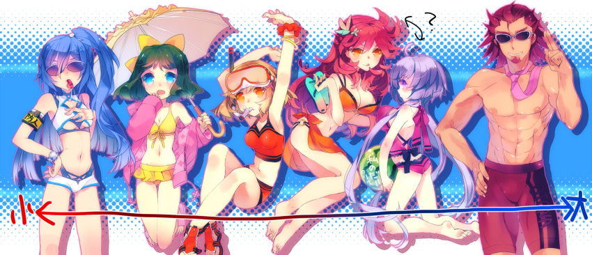 5girls amou_kanade armband bad_id barefoot bikini bikini_skirt blonde_hair blue_eyes breasts bust_chart cleavage facial_hair flower front-tie_top goatee green_hair hair_flower hair_ornament highres kazanari_genjuurou kazanari_tsubasa kohinata_miku large_breasts long_hair mouth_hold multiple_girls navel o-ring_bottom o-ring_top orange_bikini parasol purple_bikini purple_eyes purple_hair r0c red_bikini red_hair redhead sandals sarong senki_zesshou_symphogear short_hair six_pack snorkel strap_gap sunglasses swimsuit tachibana_hibiki_(symphogear) thigh_gap twintails umbrella violet_eyes whistle yellow_bikini yellow_eyes yukine_chris