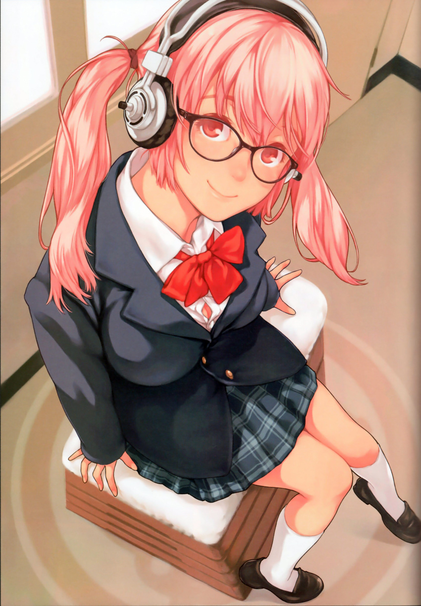 absurdres alternate_hairstyle blazer bowtie breasts cleavage from_above glasses headphones highres kamo kamo_(gafas) kneehighs loafers nitroplus pink_eyes pink_hair plaid plaid_skirt pleated_skirt scan school_uniform shoes sitting skirt smile solo super_sonico twintails vaulting_horse white_legwear