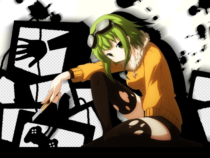 boxcutter fuyouchu goggles green_eyes green_hair gumi short_hair stockings vocaloid yuzuki_kei