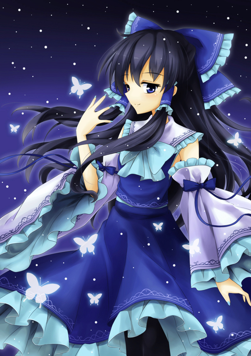 alternate_color ascot black_hair blue_eyes bow butterfly detached_sleeves fuku_arashi hair_bow hair_tubes hakurei_reimu highres insect long_hair night pantyhose smile solo touhou wide_sleeves