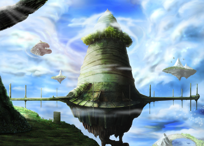 check_translation cloud clouds floating_castle highres no_humans ruun_(abcdeffff) scenery sky sword_art_online tombstone tonari_no_totoro totoro translated