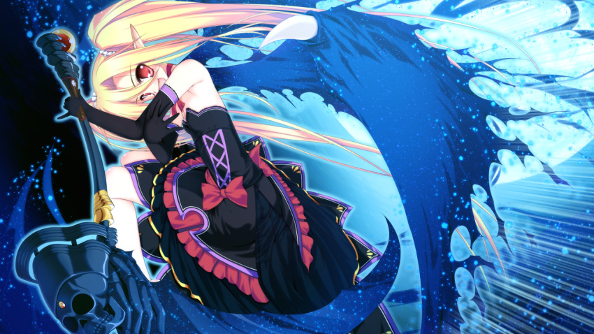 blonde_hair colorful_cure elbow_gloves etoiles fang game_cg long_hair moric no_bra red_eyes skull twintails vampire vermillion_vera_raihonen weapon wings