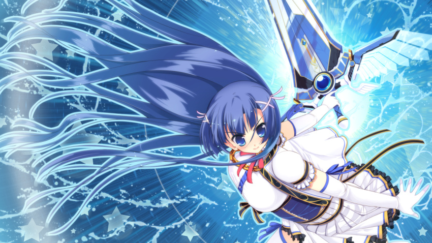 blue_eyes blue_hair colorful_cure elbow_gloves etoiles game_cg long_hair moric sakuramiya_aoi skirt sword weapon