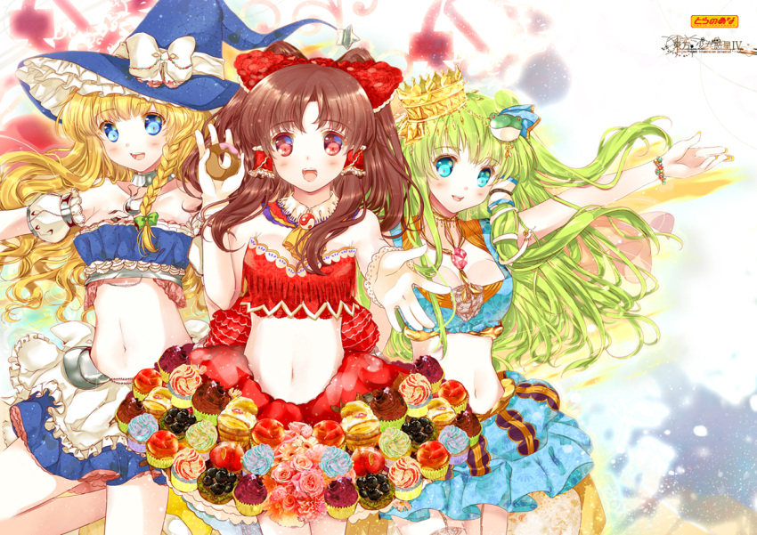 alternate_costume alternate_hairstyle aqua_eyes ascot blonde_hair blue_eyes blush bow braid breasts brown_hair bustier choker cleavage collarbone crescent crown detached_sleeves food food_as_clothes frog_hair_ornament gem green_hair hair_bow hair_ornament hair_tubes hakurei_reimu hat hat_bow heco_(mama) jewelry kirisame_marisa kochiya_sanae long_hair midriff miniskirt multiple_girls navel necklace open_mouth puffy_sleeves red_eyes side_braid single_braid skirt sleeveless snake_hair_ornament star sweets touhou witch_hat yin_yang