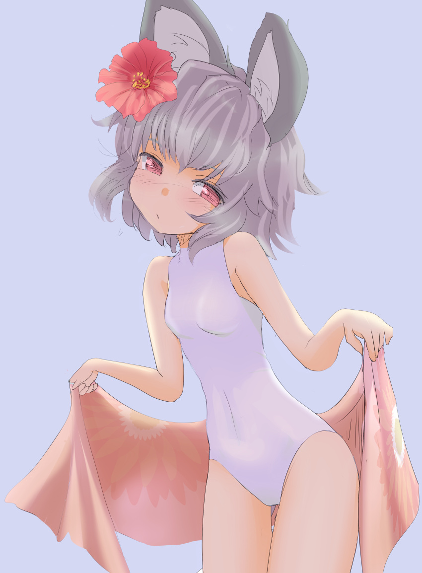 absurdres animal_ears flower grey_hair hair_flower hair_ornament highres ishikkoro mouse_ears mouse_tail nazrin red_eyes short_hair solo swimsuit tail touhou towel