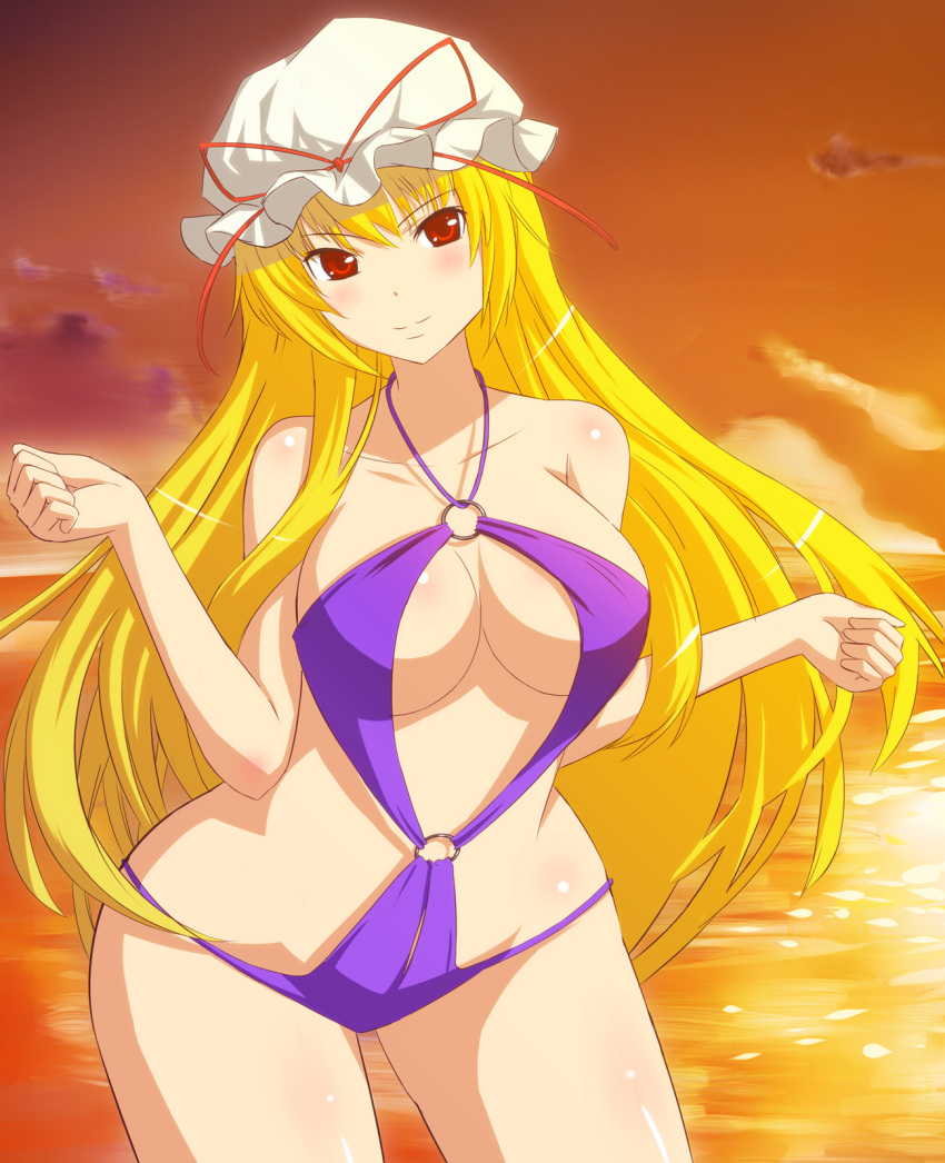 alternate_costume blonde_hair breasts bug_(artist) center_opening cleavage cloud collarbone hat hat_ribbon highres large_breasts long_hair ocean red_eyes ribbon sky smile solo sunset swimsuit thighs touhou very_long_hair wide_hips yakumo_yukari