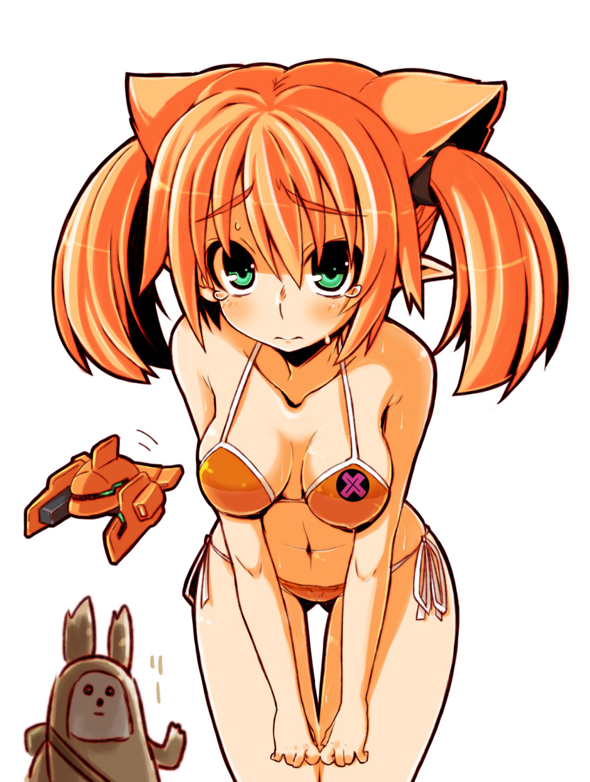 animal_ears bent_over bikini breasts cat_ears character_request cleavage crazy_developers extra_ears green_eyes highres long_hair mag_(phantasy_star) orange_hair phantasy_star phantasy_star_online_2 pointy_ears ririipa swimsuit tears twintails