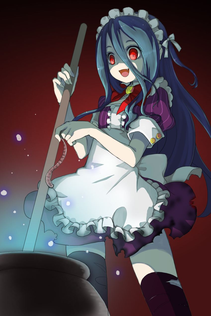 apron black_legwear bow fang highres juke long_hair maid maid_headdress open_mouth pot puffy_sleeves red_eyes shaded_face short_sleeves solo sword_girls thigh-highs thighhighs worms