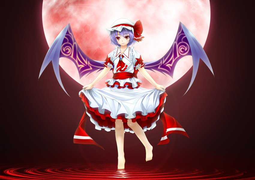aru1025330 ascot barefoot blue_hair curtsey hat hat_ribbon highres moon puffy_sleeves red_eyes red_moon remilia_scarlet ribbon short_hair short_sleeves smile solo touhou wings