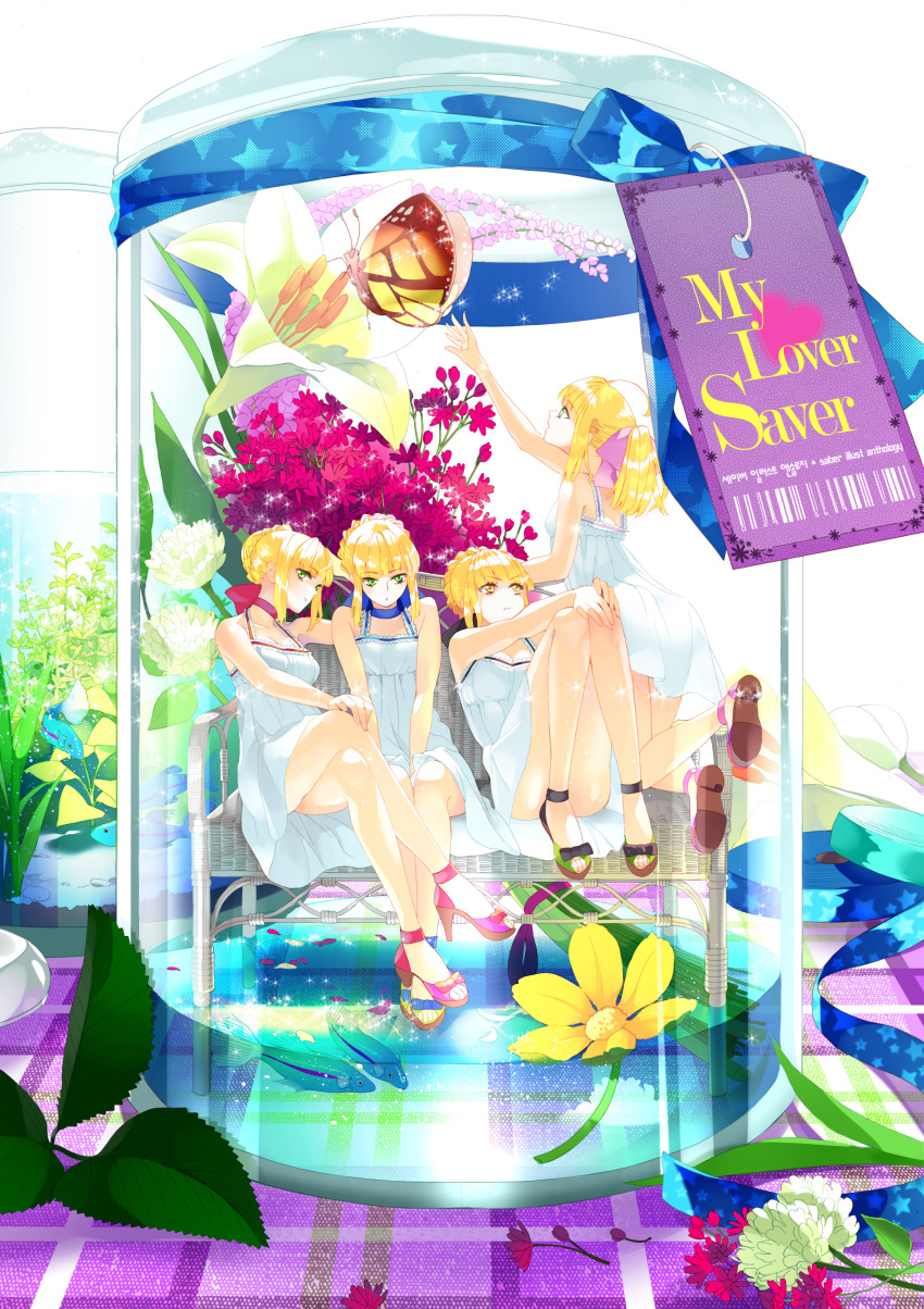 absurdres artoria_pendragon_(all) artoria_pendragon_(fate) bangs blonde_hair butterfly choker crossed_legs dress fate/extra fate/grand_order fate/stay_night fate/unlimited_codes fate_(series) fish flower green_eyes hair_ribbon heart high_heels highres jar legs_crossed long_hair multiple_girls multiple_persona nero_claudius_(fate) nero_claudius_(fate)_(all) open_shoes original ribbon rozer saber saber_alter saber_extra saber_lily sandals shoes sitting surreal tag yellow_eyes