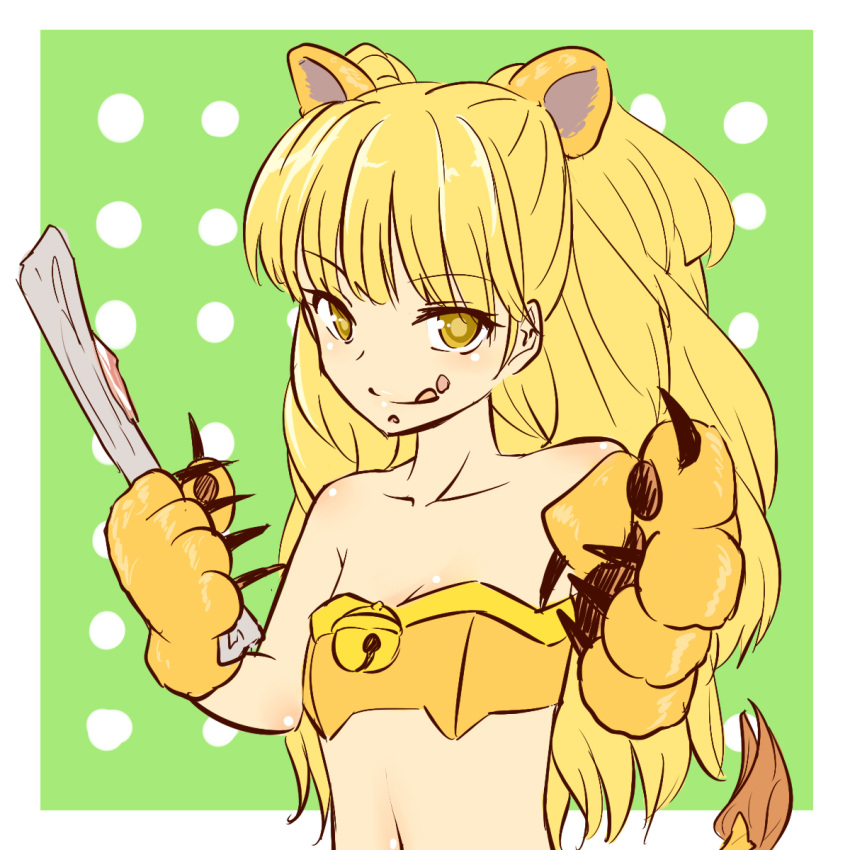 animal_ears bare_shoulders bell blonde_hair bone claws copyright_request highres lion_ears lion_tail long_hair miyo_(ranthath) navel paws smile solo tail tongue tongue_out yellow_eyes