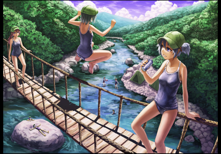 arm_support bare_legs bare_shoulders bathing blue_eyes blue_hair blue_sky bridge brown_hair can cloud clouds dark_haired_kappa forest frame glasses glasses_kappa hair_bobbles hair_ornament hanging_bridge hat holding jumping kappa_mob kawashiro_nitori kurione_(zassou) letterboxed lying multiple_girls nature on_back open_mouth outdoors outstretched_arms ponytail purple_hair resized river scenery school_swimsuit short_hair sky smile soda_can swimsuit tent touhou twintails water