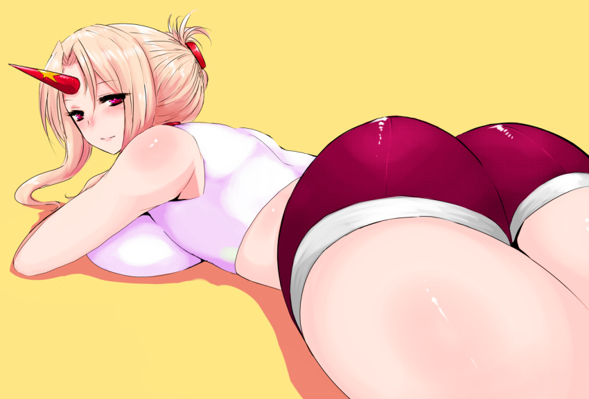 ass blonde_hair breast_press breasts han_(jackpot) horn horns hoshiguma_yuugi large_breasts light_smile long_hair looking_at_viewer looking_back lying on_stomach red_eyes shorts solo thighs touhou yellow_background