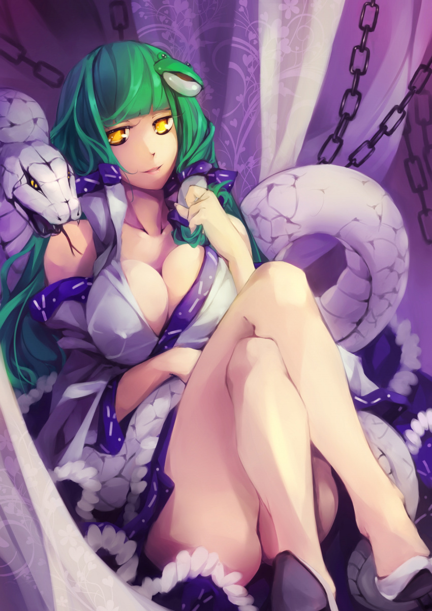 absurdres breasts chain chains cleavage crossed_legs frills hair_ornament high_heels highres japanese_clothes kalalasan kochiya_sanae large_breasts legs legs_crossed lips long_hair looking_at_viewer miko mishaguji shoes sitting smile snake solo touhou yellow_eyes