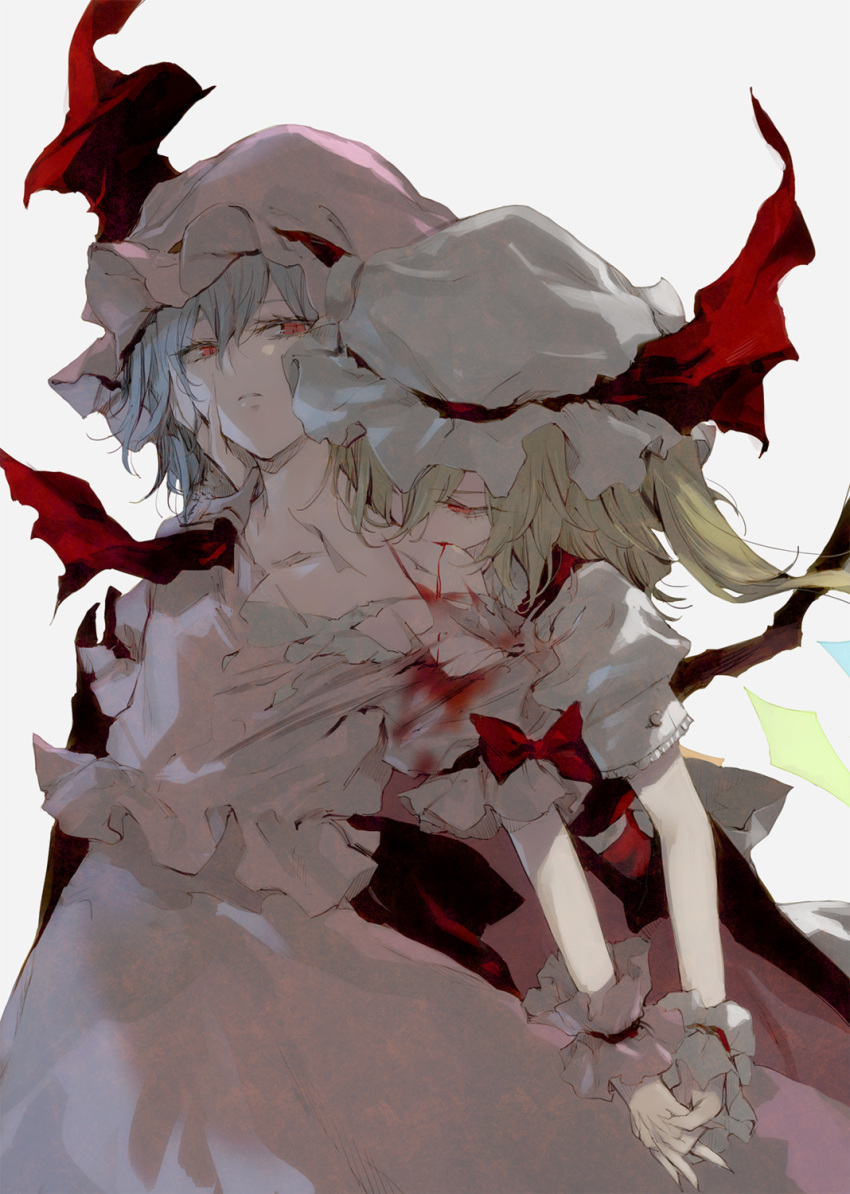 ascot biting blonde_hair blood blue_hair flandre_scarlet hand_holding hand_on_another's_face hand_on_another's_face hat hat_ribbon highres holding_hands minakata_sunao multiple_girls red_eyes remilia_scarlet ribbon short_hair siblings side_ponytail sisters torn_clothes touhou vampire wings wrist_cuffs yuri