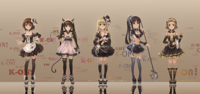 absurdres akiyama_mio black_eyes black_hair blonde_hair brown_eyes brown_hair cat crop_top gothic_lolita hat highres hirasawa_yui huazha01 k-on! kotobuki_tsumugi lolita_fashion long_hair midriff mini_top_hat mop multiple_girls nakano_azusa platform_footwear short_hair tail tainaka_ritsu thigh-highs thighhighs top_hat twintails