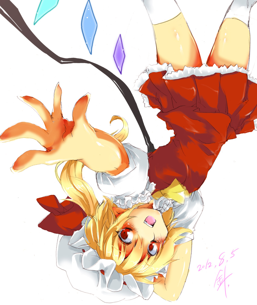 absurdres arm_behind_head ascot blonde_hair blue dated fang flandre_scarlet harii harry_(namayake) hat hat_ribbon highres open_mouth outstretched_arm pointy_ears red_eyes ribbon short_hair side_ponytail signature simple_background skirt skirt_set smile solo thigh-highs thighhighs touhou upside-down white_background white_legwear wings