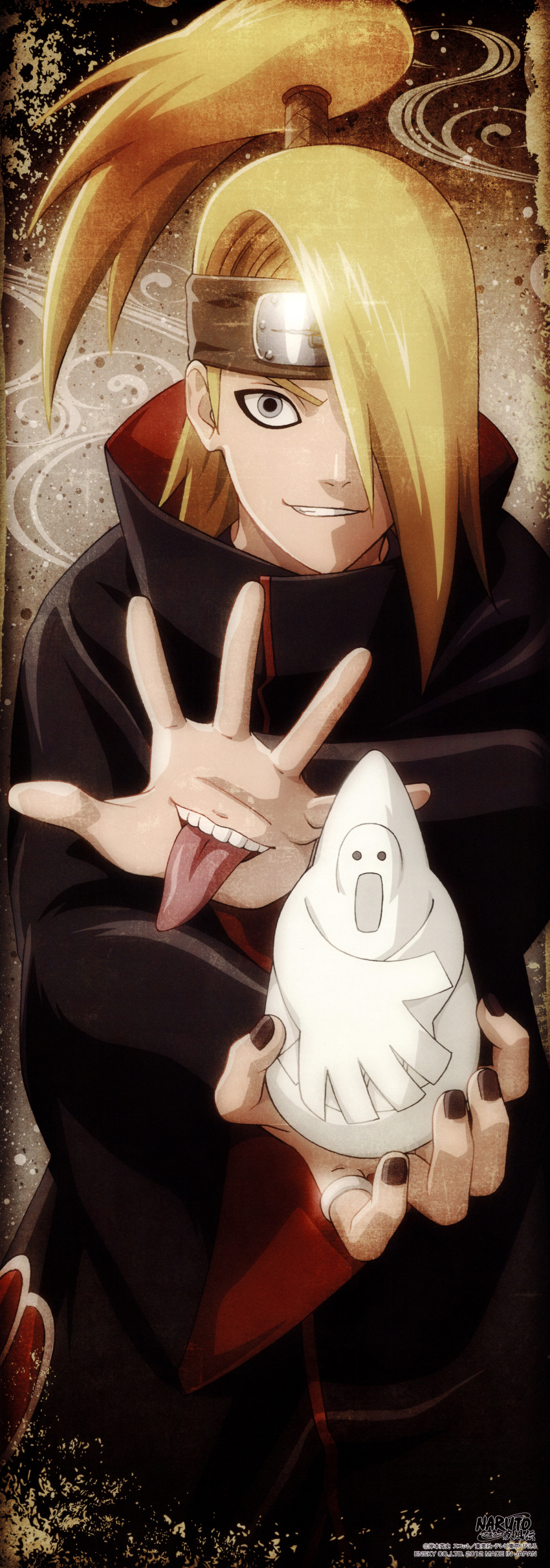 absurdres bird blonde_hair deidara extra_mouth grey_eyes hair_over_one_eye highres jewelry long_image male nail_polish naruto one_eye_showing ponytail ring scan smile stick_poster tall_image title_drop tongue