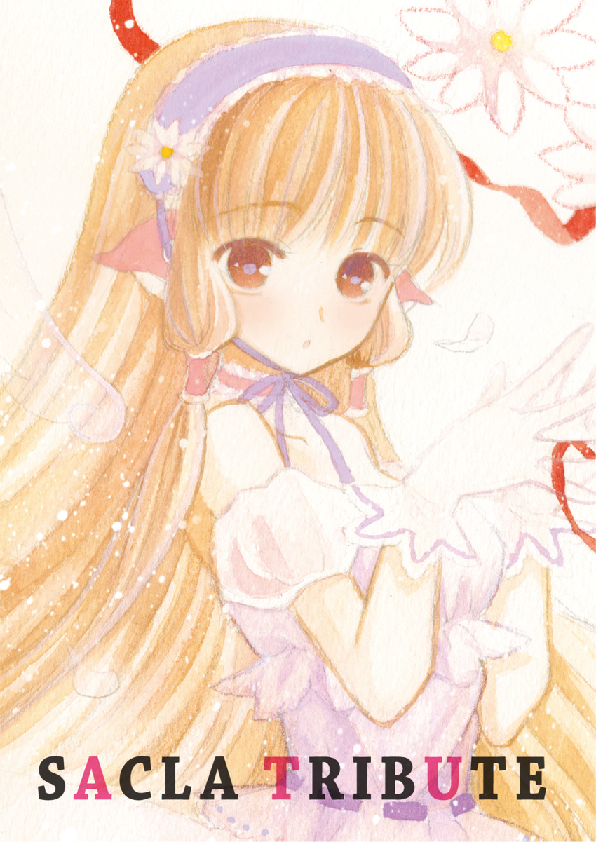 :o bangs bare_shoulders blonde_hair blunt_bangs brown_eyes chii chobits choker clear_moon detached_sleeves dress flower gloves hair_tubes hairband hands_together highres lolita_fashion lolita_hairband long_hair pale_color puffy_detached_sleeves puffy_sleeves purple_dress ribbon robot_ears sweet_lolita traditional_media watercolor_(medium) white_gloves