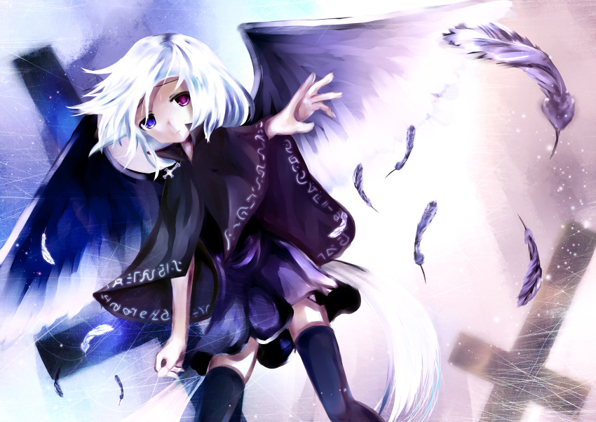 bicolored_eyes capelet character_request cross dress feathers heterochromia shino_(artist) solo tagme_(character) thigh-highs thighhighs white_hair wings zettai_ryouiki